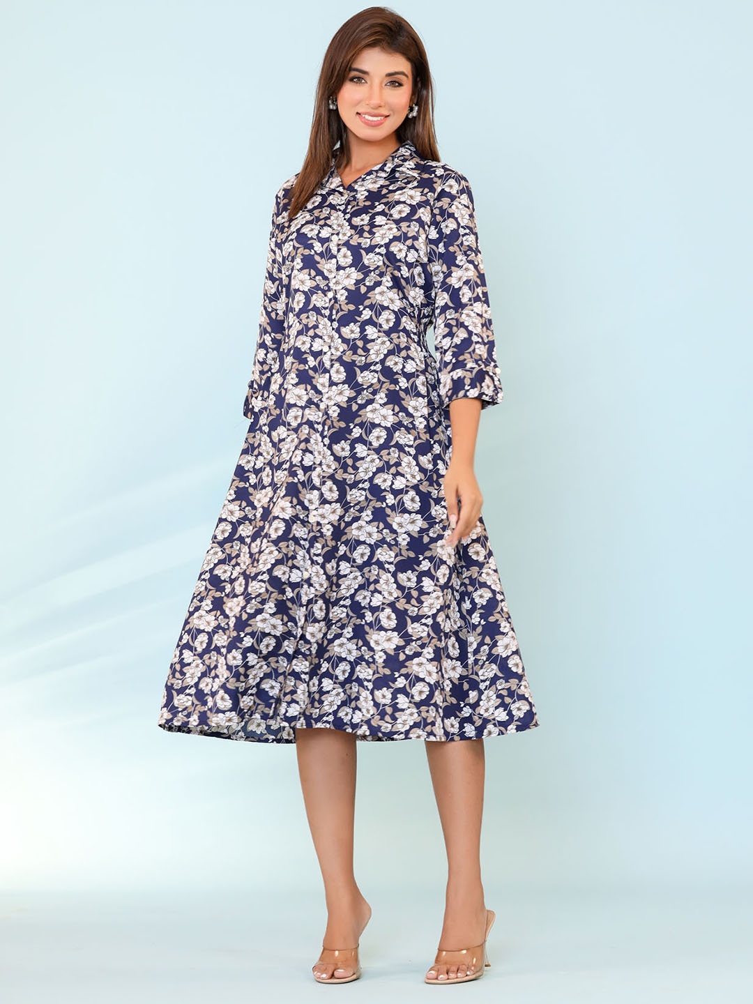 

FASHION DWAR Floral Printed Roll-Up Sleeves Pure Cotton Shirt Style Dress, Blue