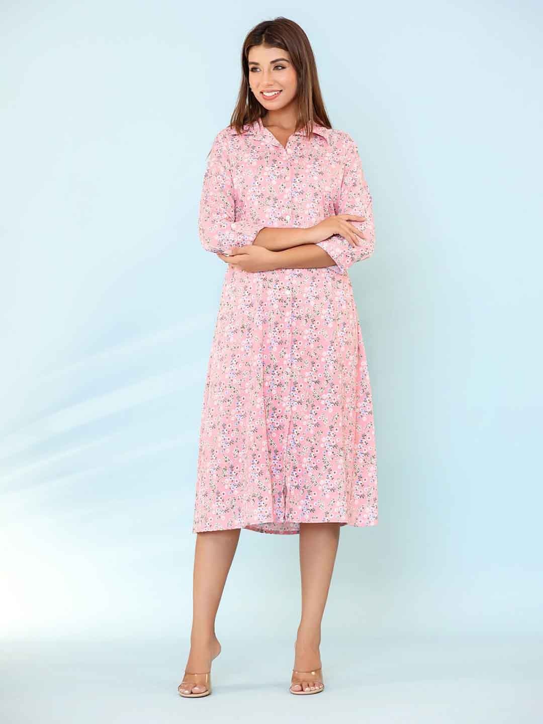 

FASHION DWAR Floral Printed Shirt Collar Pure Cotton Shirt Midi Dress, Pink