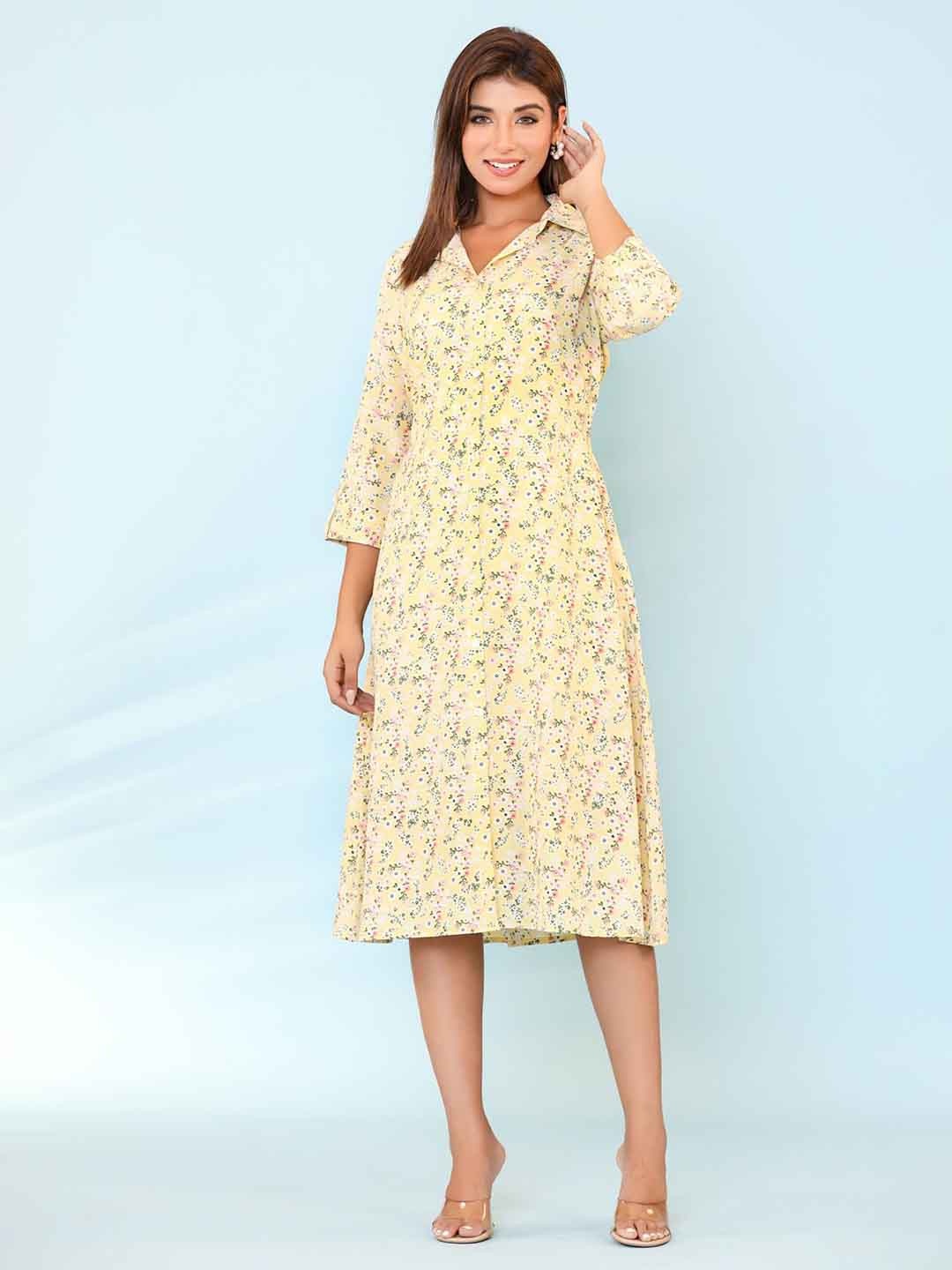 

FASHION DWAR Floral Printed Shirt Collar Pure Cotton Shirt Midi Dress, Yellow
