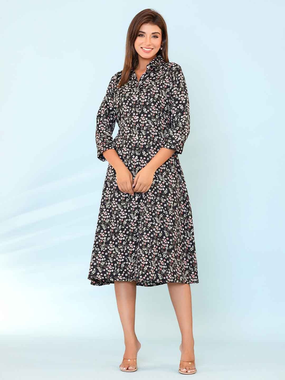 

FASHION DWAR Floral Printed Roll-Up Sleeves Cotton Cambric A-Line Midi Dress, Black