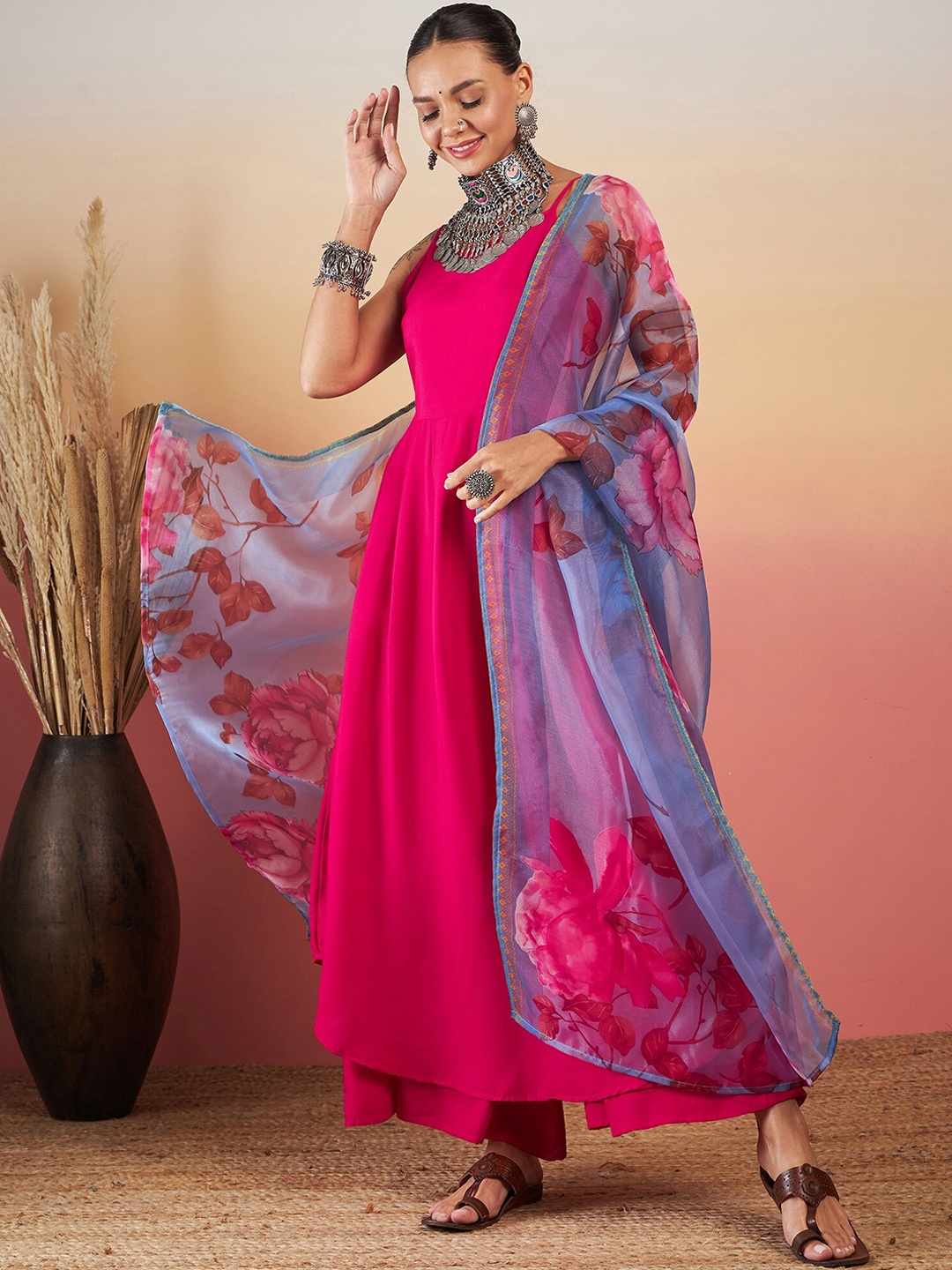 

InWeave Regular Kurta With Palazzos & Dupatta, Pink