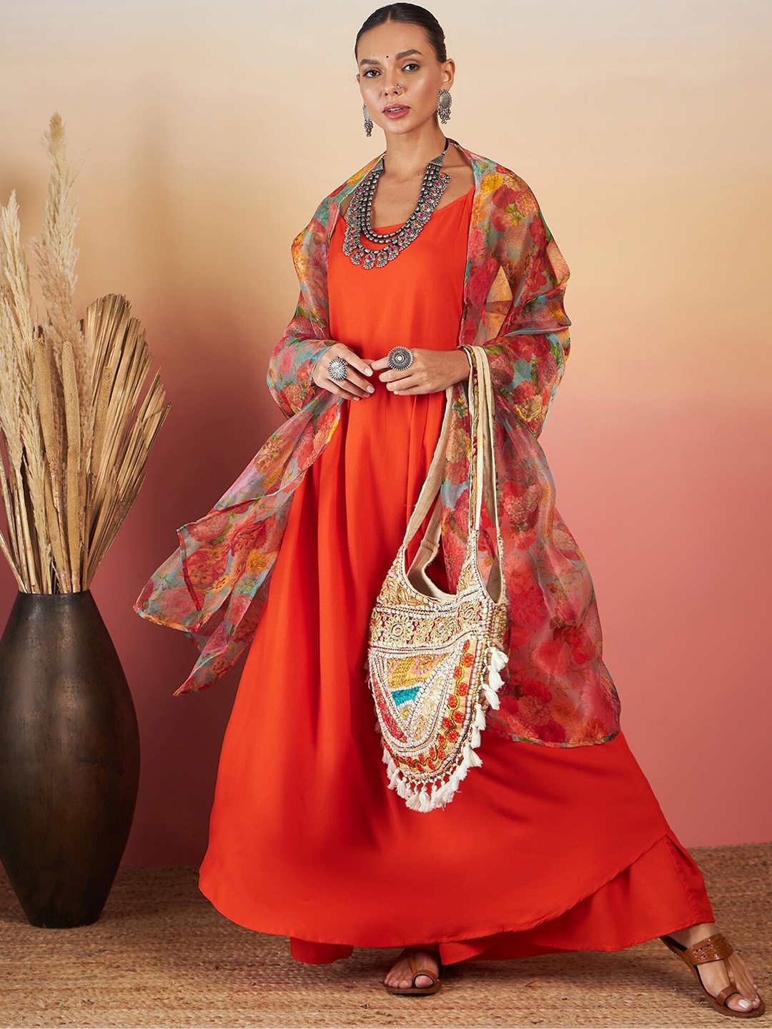 

InWeave Sleeveless A-Line Kurta with Palazzos & Dupatta, Orange
