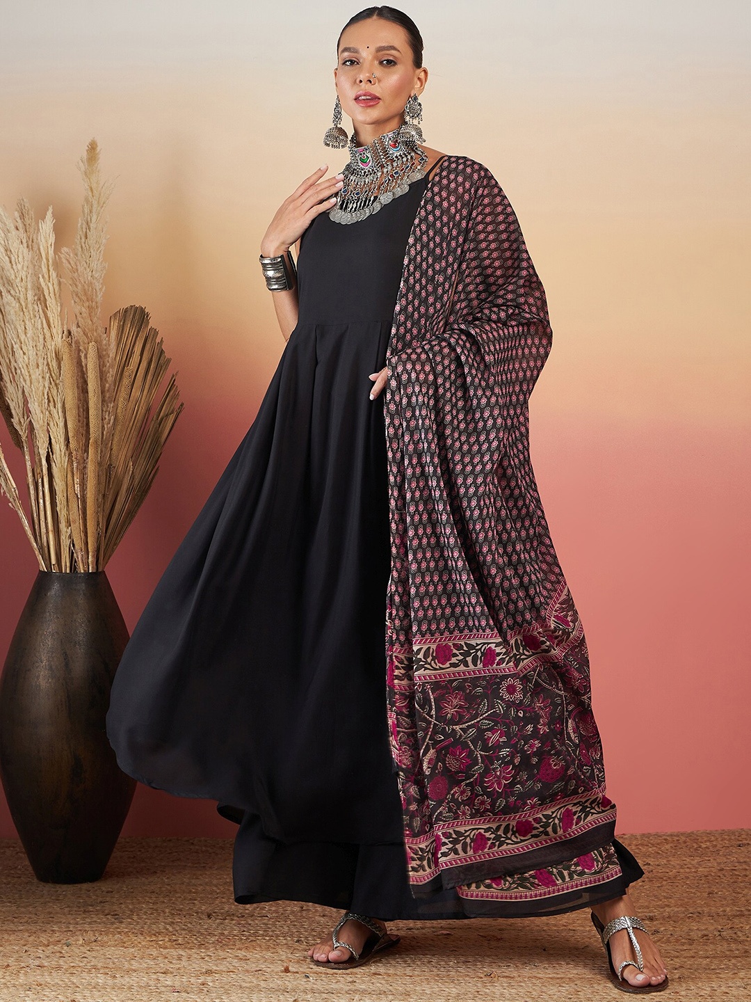 

InWeave Regular Kurta with Palazzos & Dupatta, Black