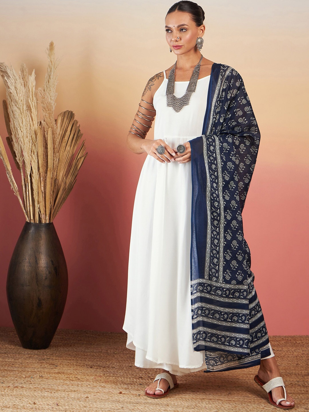 

InWeave Sleeveless A-Line Kurta with Palazzos & Dupatta, White