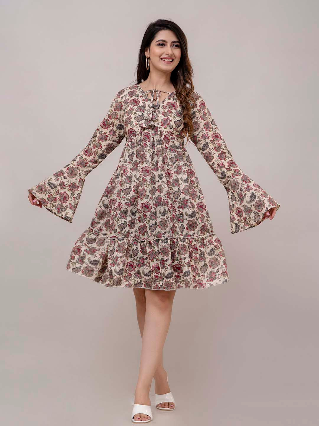 

FrionKandy Floral Printed Cotton A-Line Dress, Beige