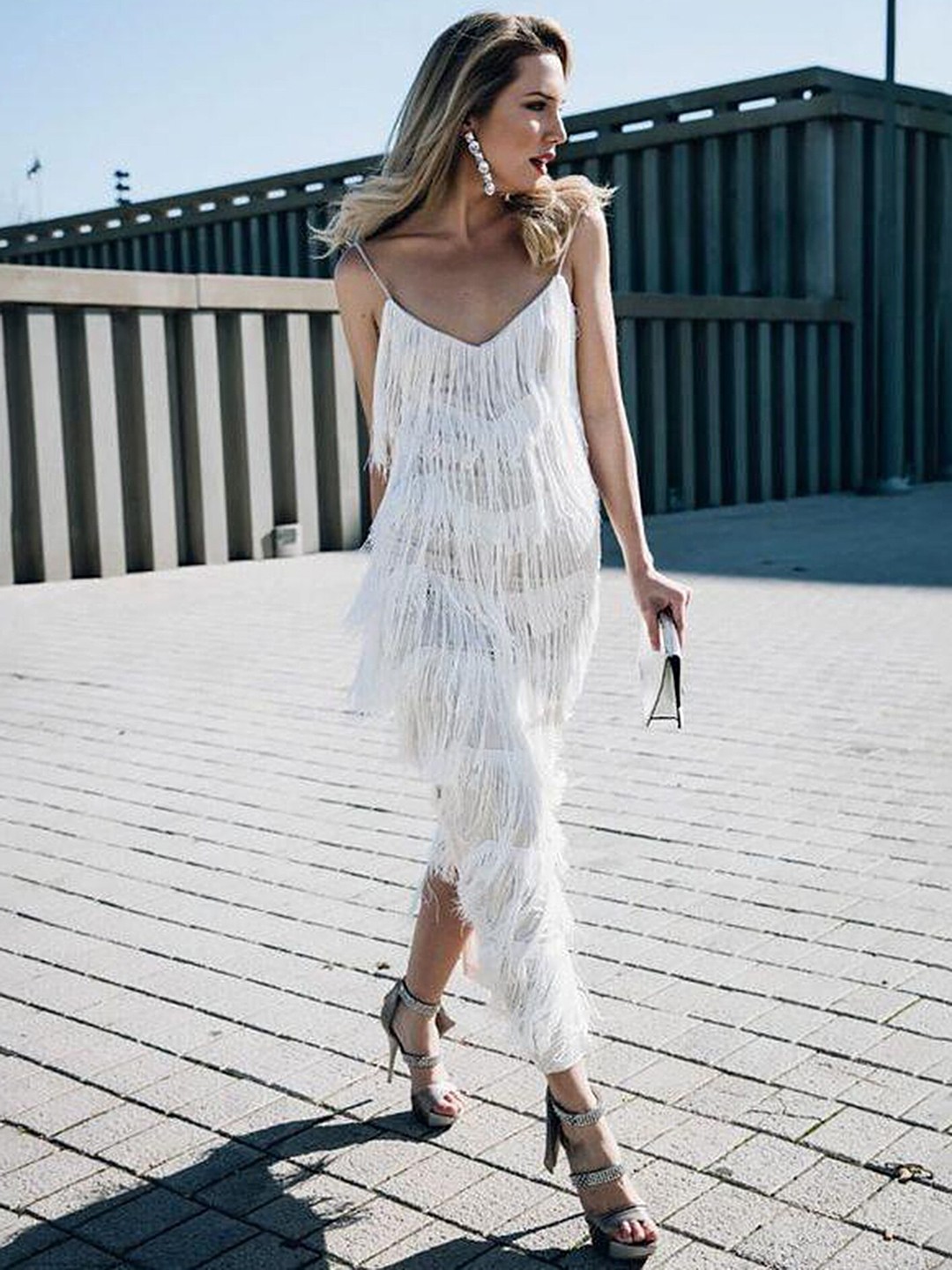 

LULU & SKY Fringing A-Line Maxi Dress, White
