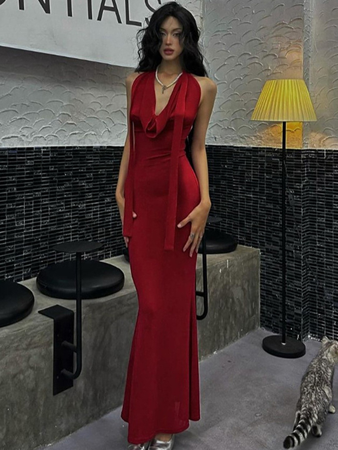 

LULU & SKY Halter Neck Maxi Dress, Red