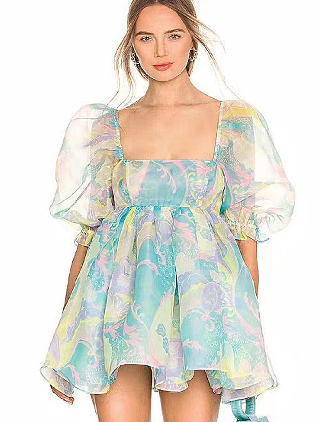 

LULU & SKY Floral Printed Puff Sleeve Fit & Flare Mini Dress, Sea green