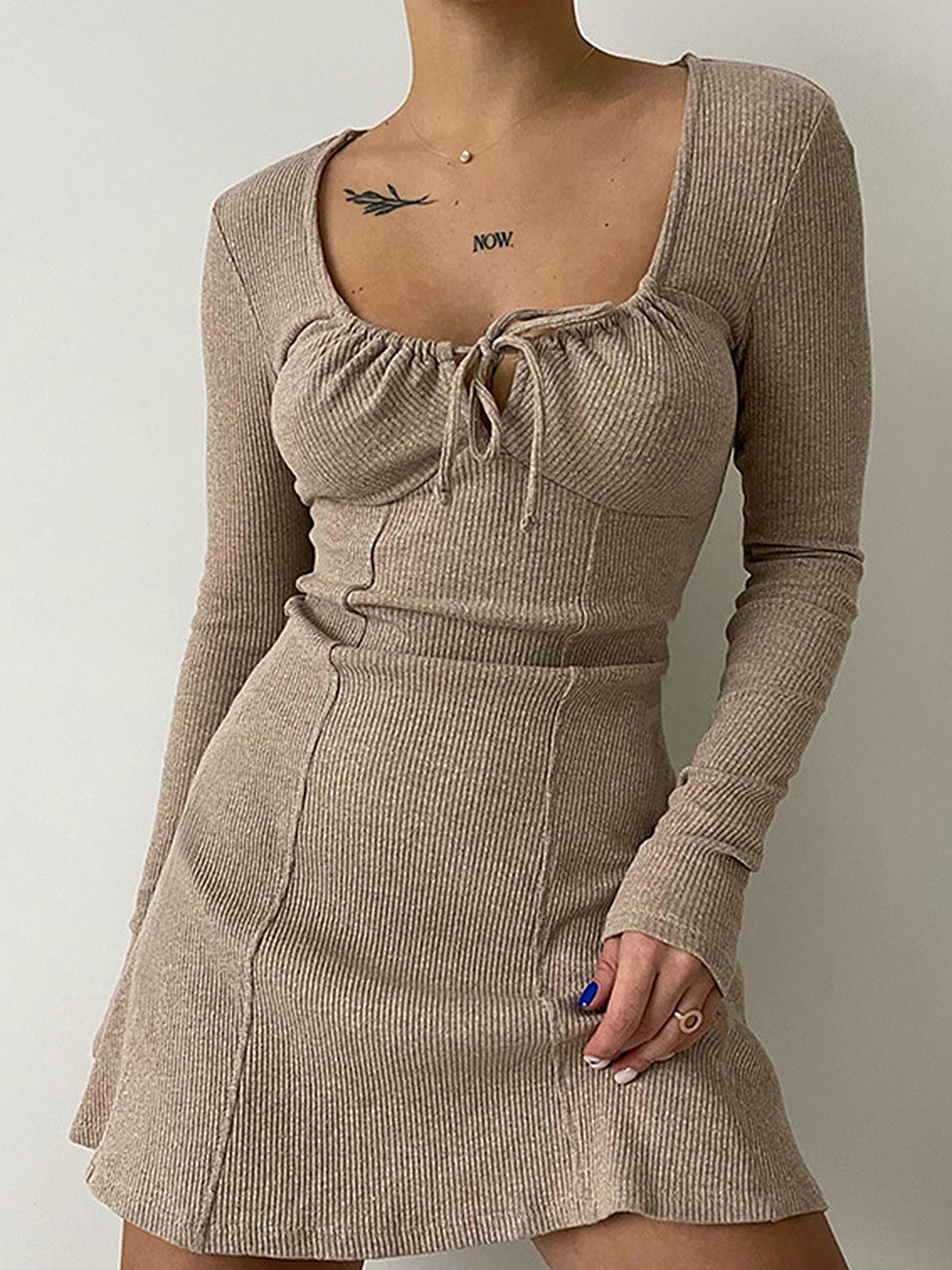 

LULU & SKY Striped Textured Tie-Up Neck A-Line Mini Dress, Khaki