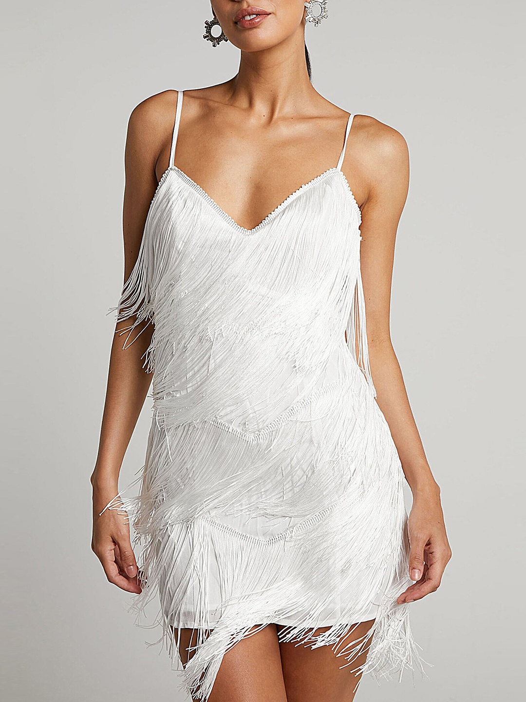 

LULU & SKY Shoulder Straps Fringed Bodycon Mini Dress, White