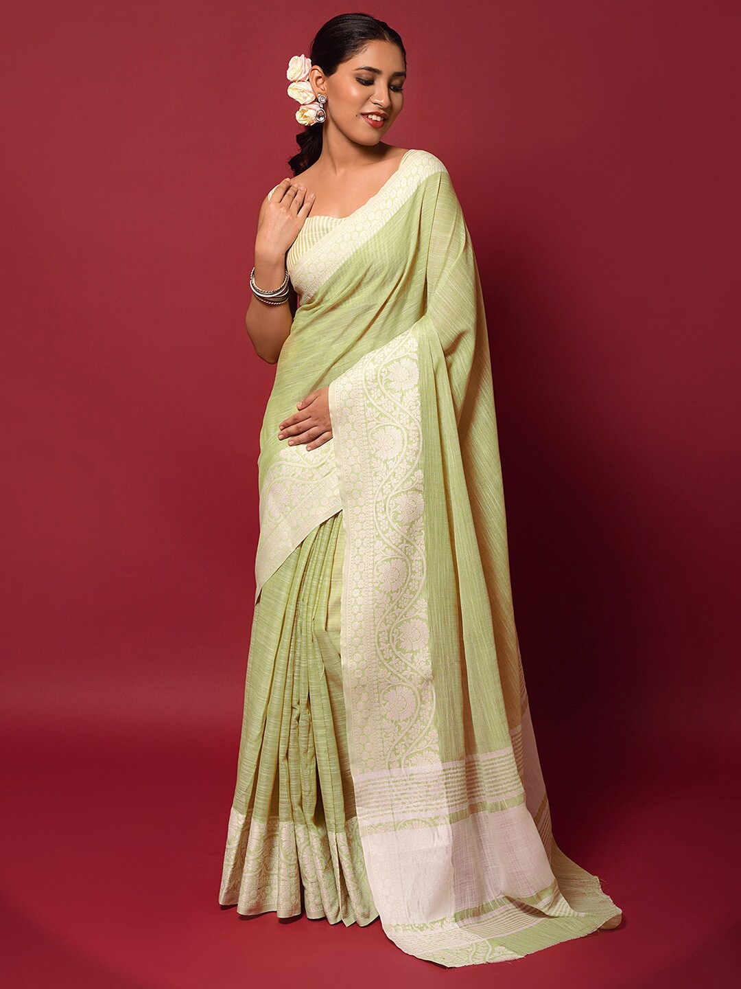 

Satrani Ethnic Motifs Woven Design Uppada Saree, Lime green