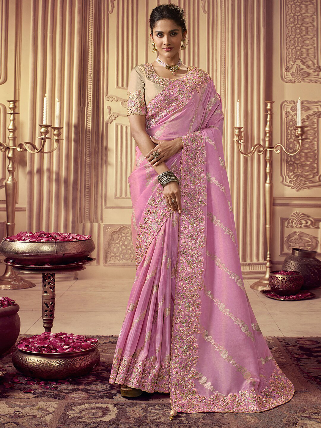 

Satrani Pink Ethnic Motif Woven Design Beads and Stones Heavy Work Banarasi Saree
