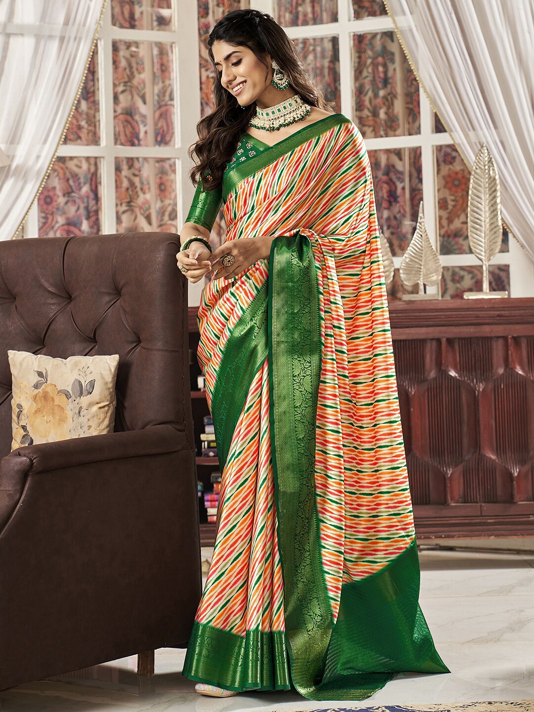 

Satrani Striped Zari Sungudi Saree, Orange