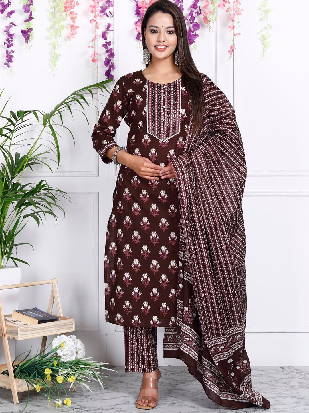 

KALINI Floral Printed Sequinned Pure Cotton Kurta With Trousers & Dupatta, Maroon