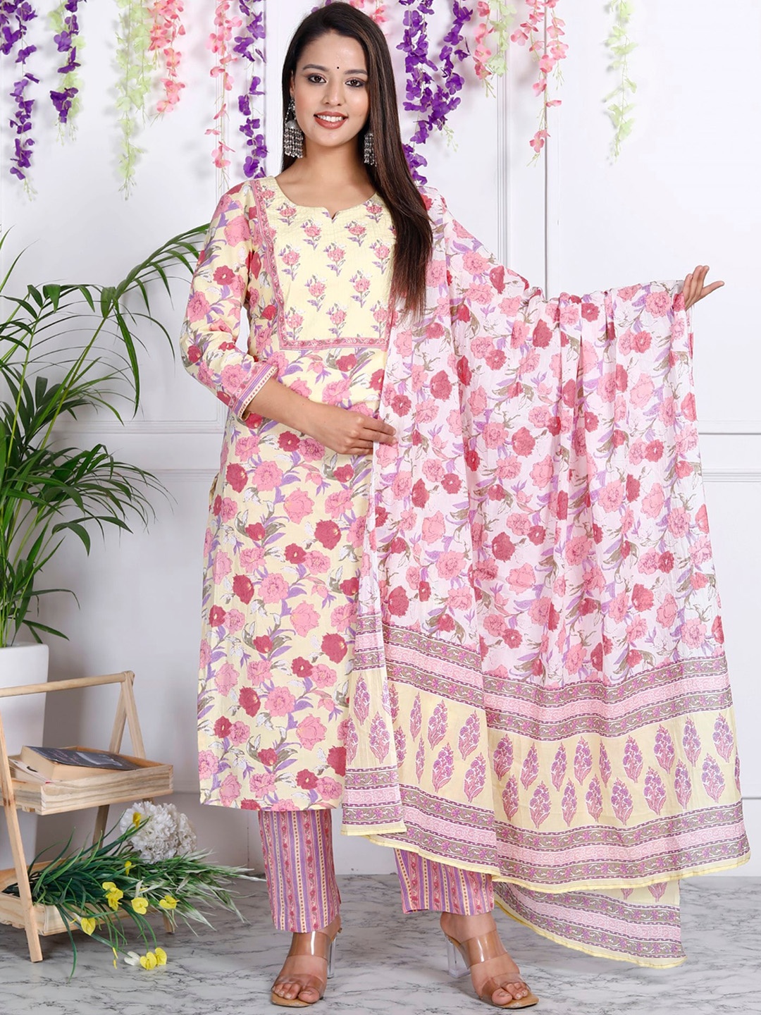 

KALINI Floral Printed Pure Cotton Kurta With Trousers & Dupatta, Yellow