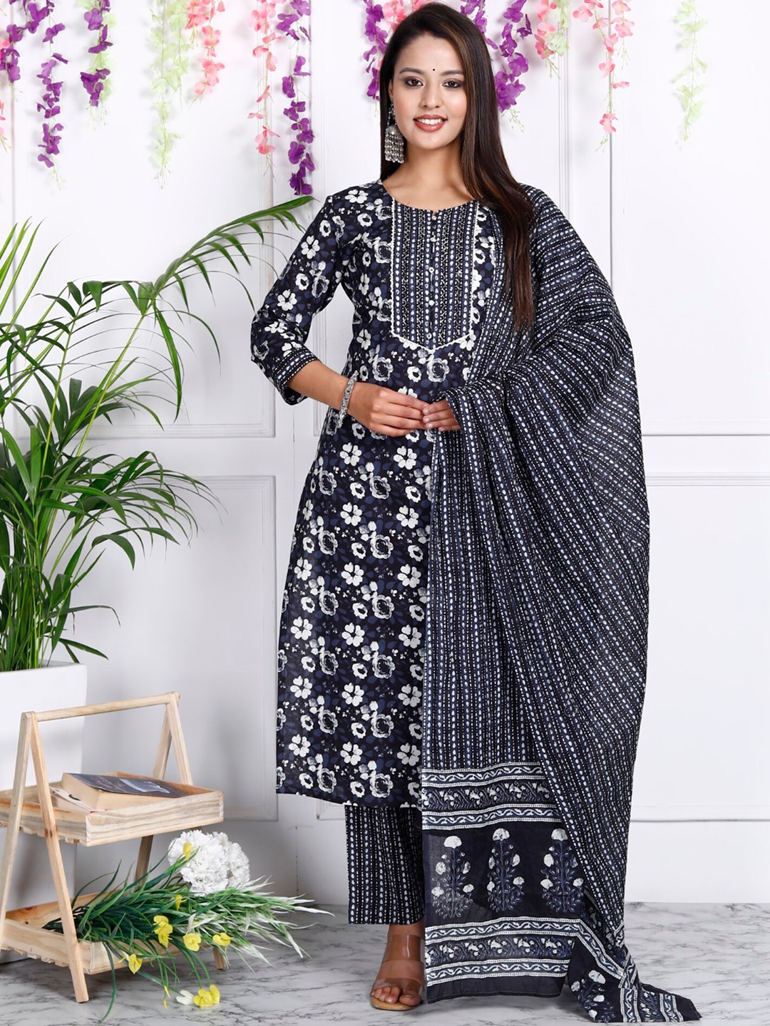 

KALINI Floral Printed Sequinned Pure Cotton Kurta With Trousers & Dupatta, Black