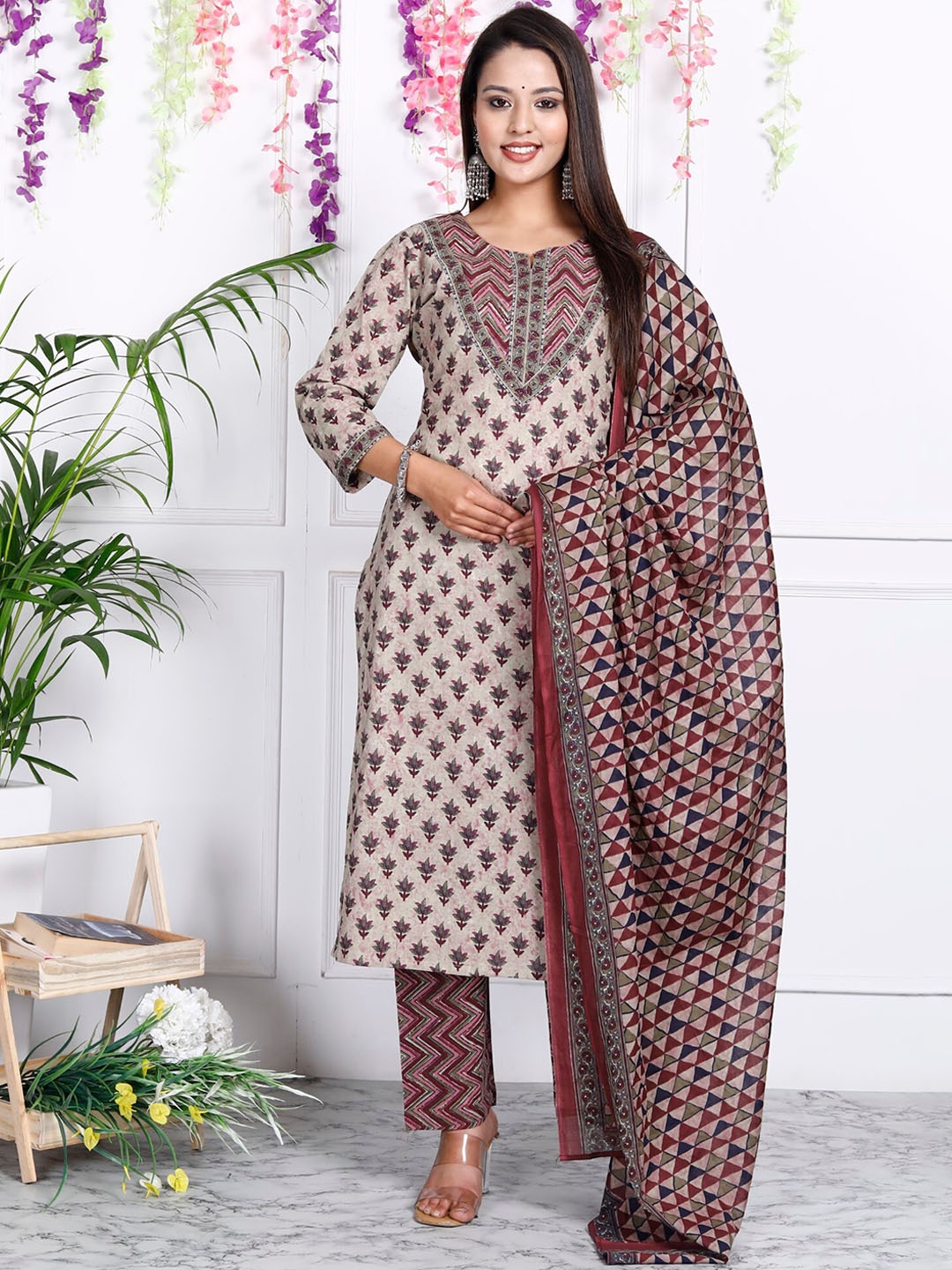 

KALINI Floral Printed Pure Cotton Kurta With Trousers & Dupatta, Maroon