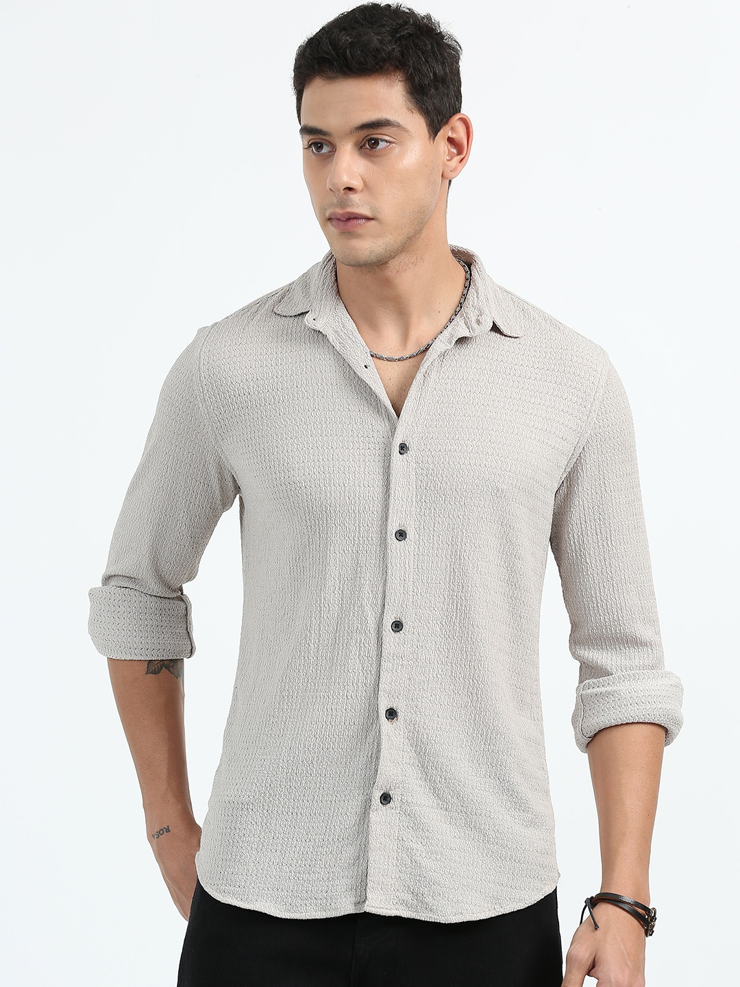 

RIDELIFE Original Slim Fit Textured Casual Shirt, Beige