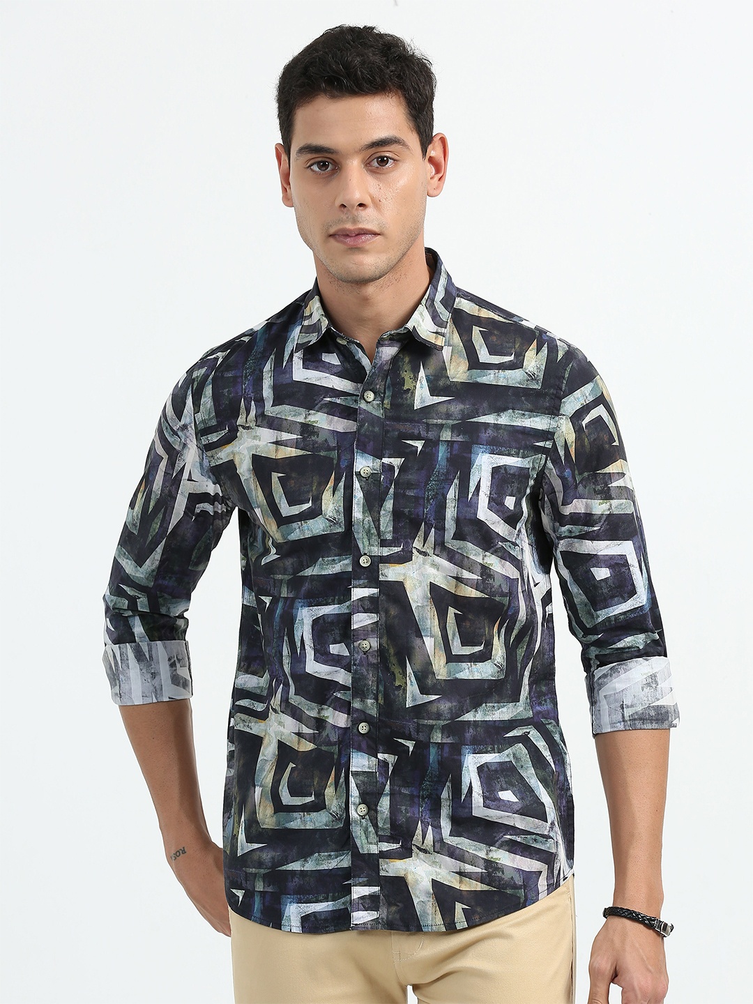 

RIDELIFE Original Slim Fit Abstract Printed Cotton Casual Shirt, Navy blue