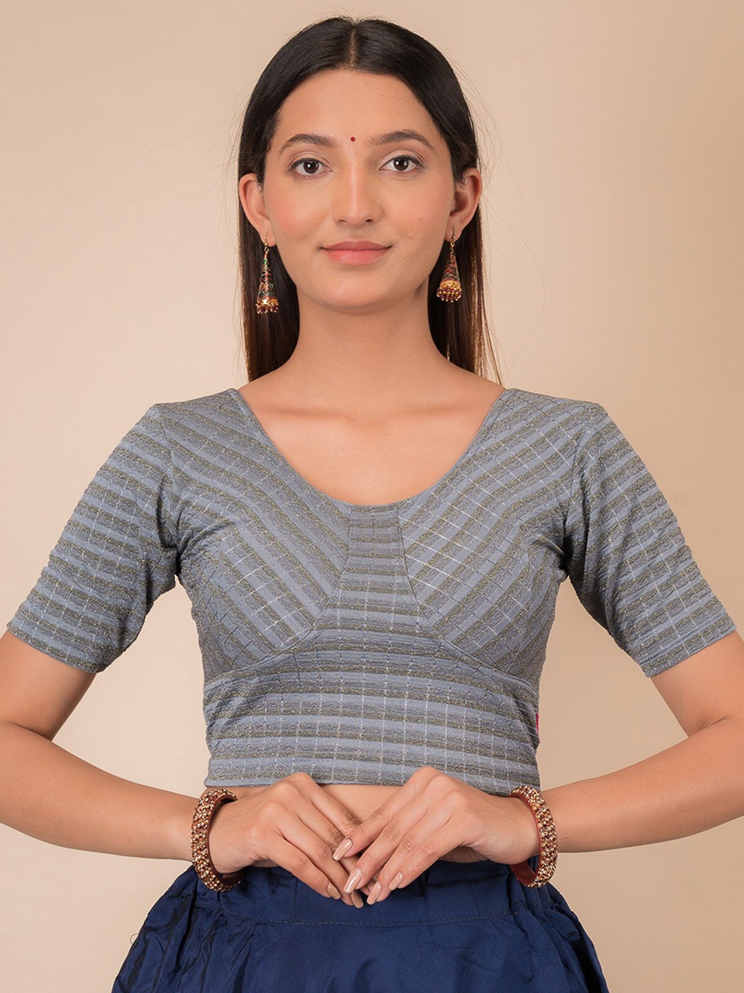 

Bindigasm's Advi Woven Design Stretchable Jacquard Saree Blouse, Grey