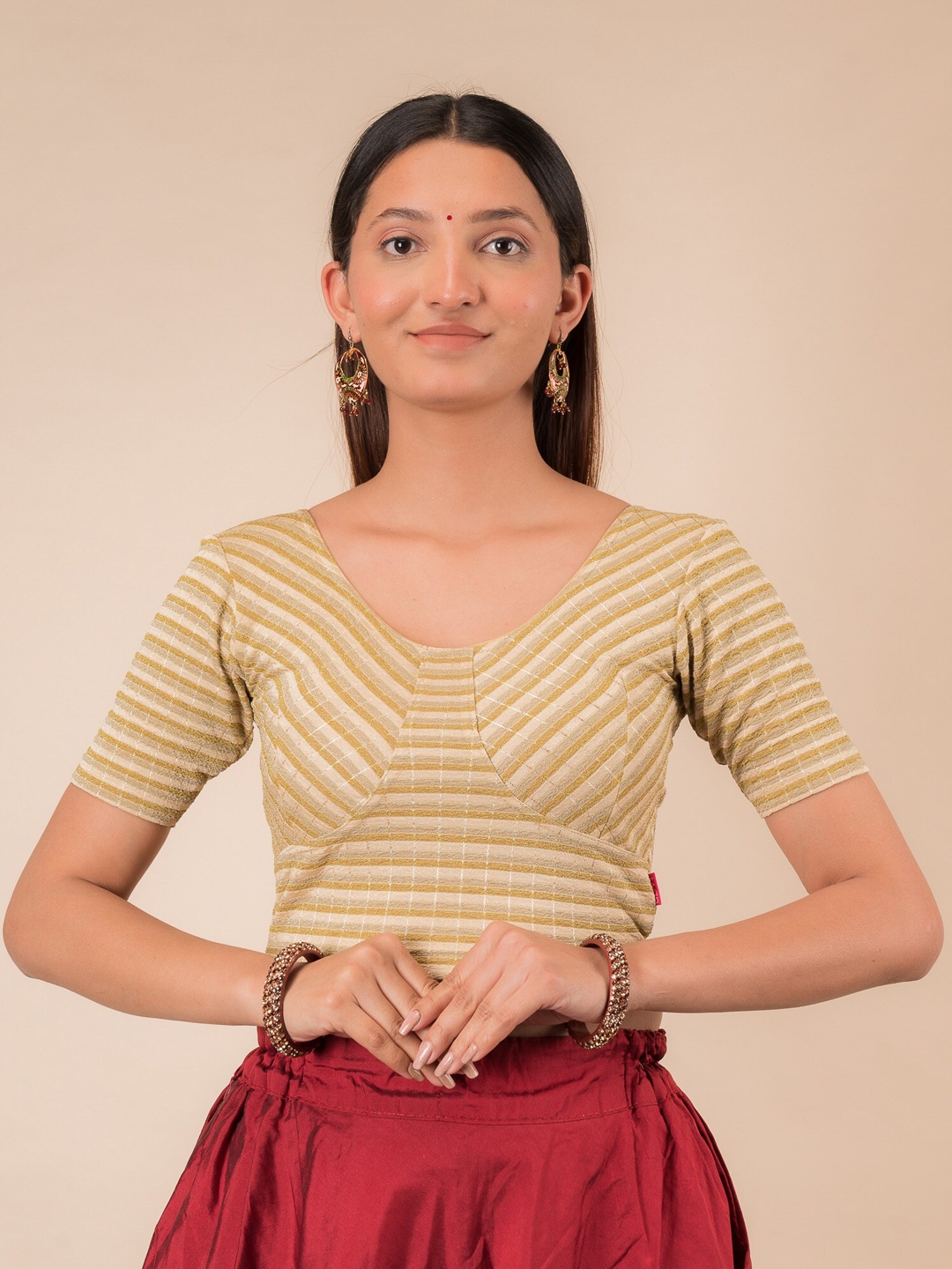 

Bindigasm's Advi Woven Design Stretchable Jacquard Saree Blouse, Cream