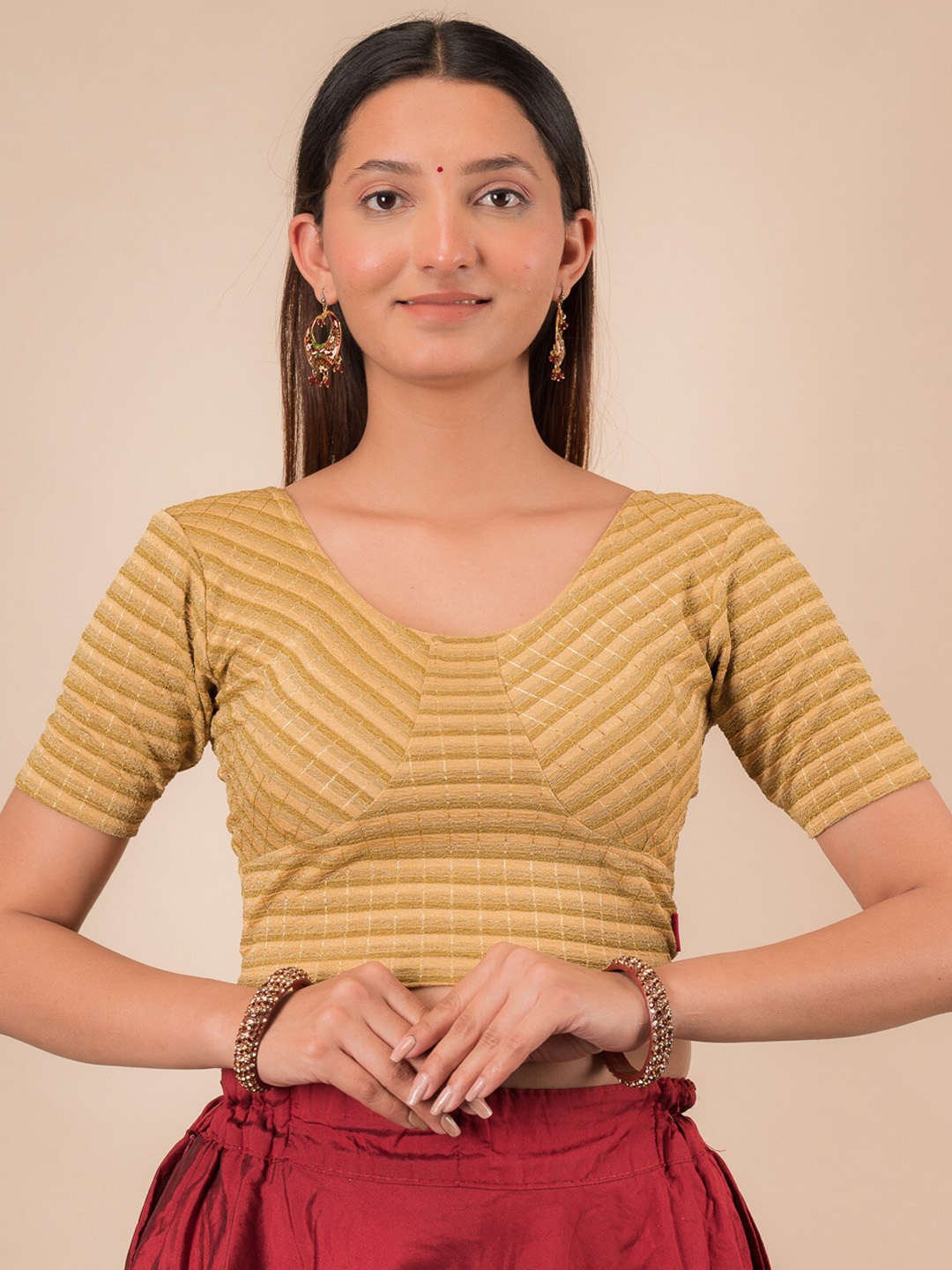 

Bindigasm's Advi Woven Design Stretchable Jacquard Saree Blouse, Gold