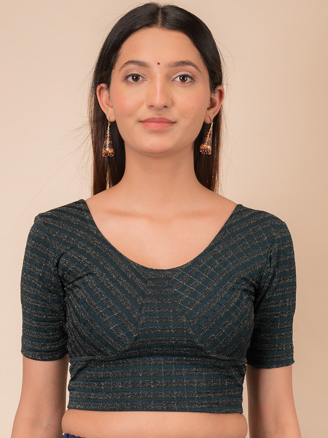 

Bindigasm's Advi Woven Design Stretchable Jacquard Saree Blouse, Green