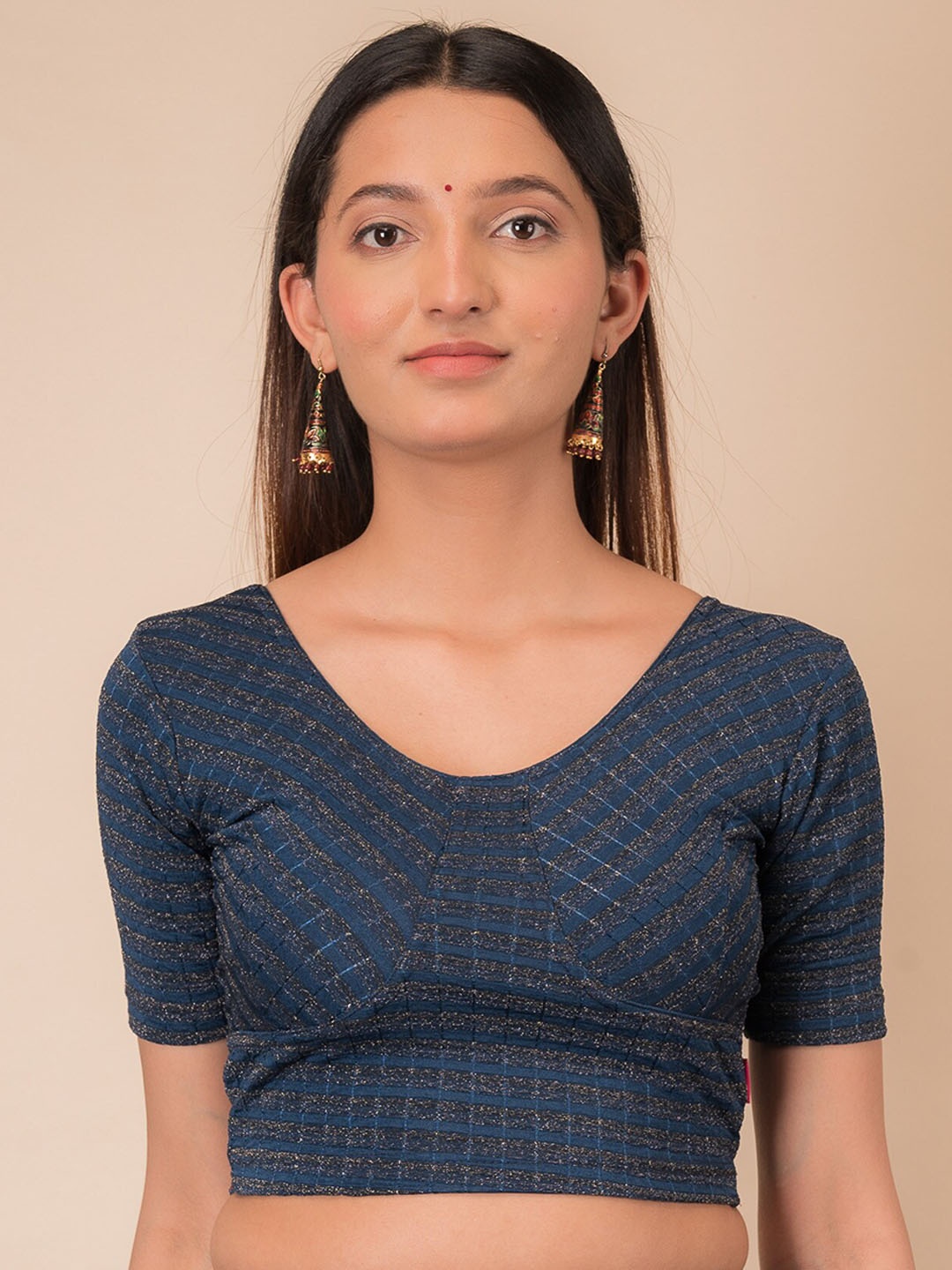 

Bindigasm's Advi Woven Design Stretchable Jacquard Saree Blouse, Navy blue