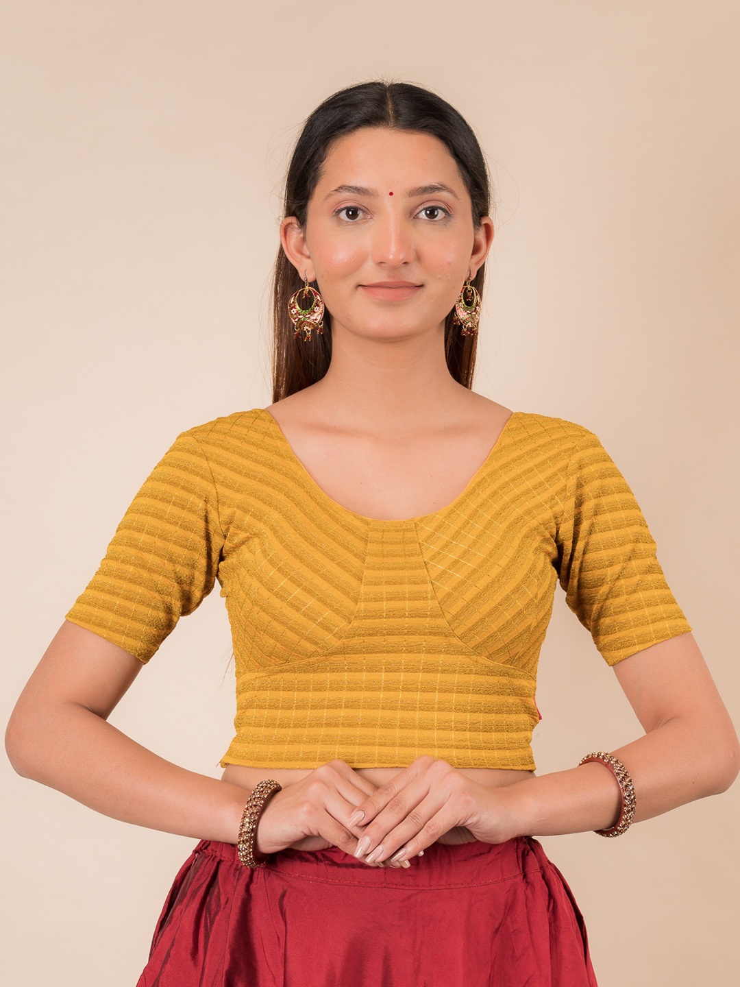 

Bindigasm's Advi Woven Design Stretchable Jacquard Saree Blouse, Mustard