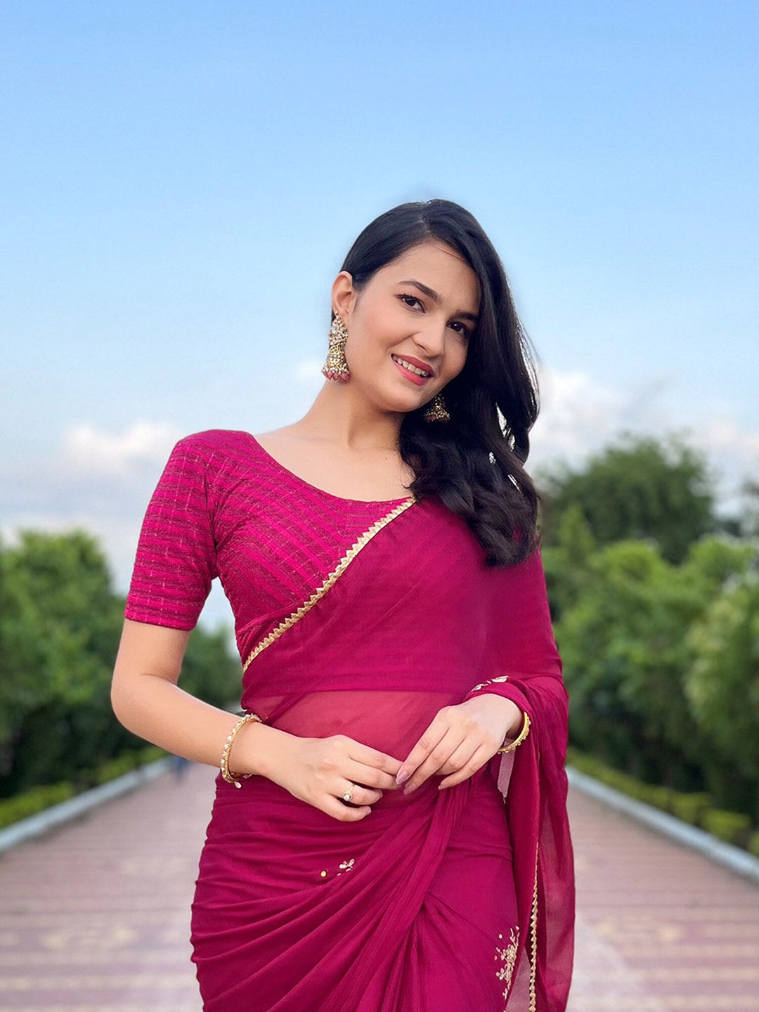 

Bindigasm's Advi Woven Design Stretchable Jacquard Saree Blouse, Pink