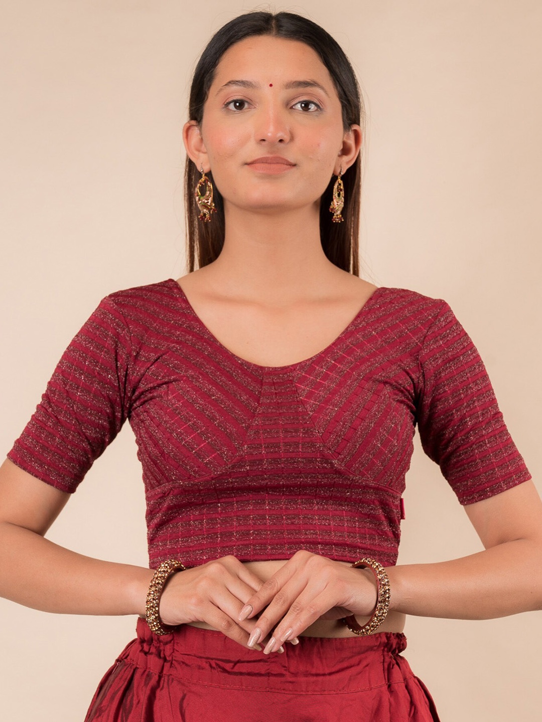 

Bindigasm's Advi Woven Design Zari Round-Neck Stretchable Saree Blouse, Maroon