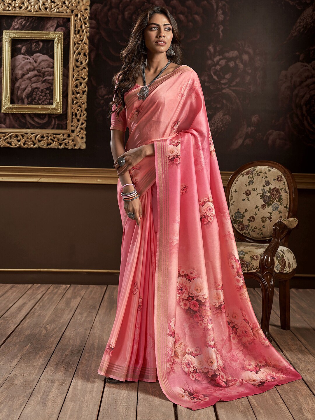 

Mitera Pink Floral Printed Zari Silk Cotton Block Print Saree, Peach