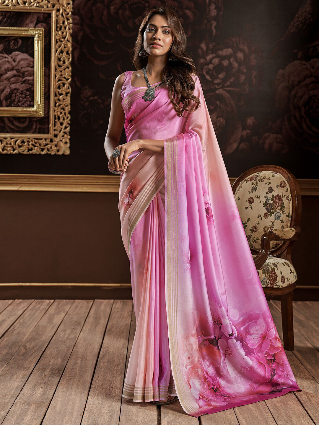 

Mitera Pink Floral Printed Zari Silk Cotton Block Print Saree