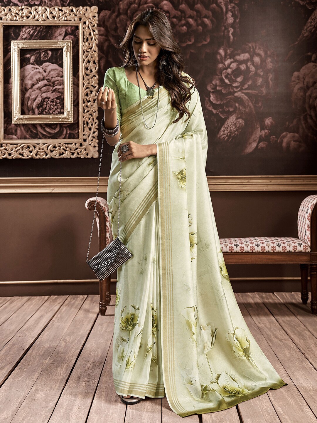 Mitera Green Floral Printed Zari Silk Cotton Block Print Saree, Lime green
