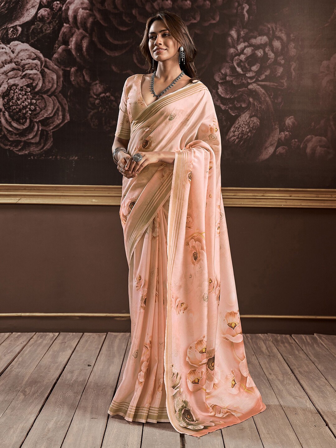 

Mitera Peach-Coloured Floral Printed Zari Silk Cotton Digital Printed Saree