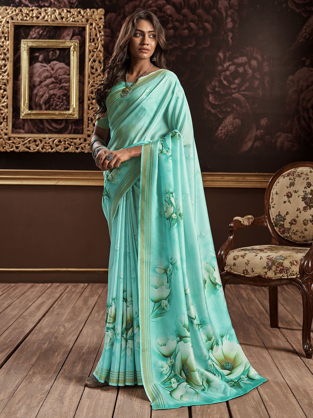 

Mitera Green Floral Printed Zari Silk Cotton Block Print Saree, Turquoise blue