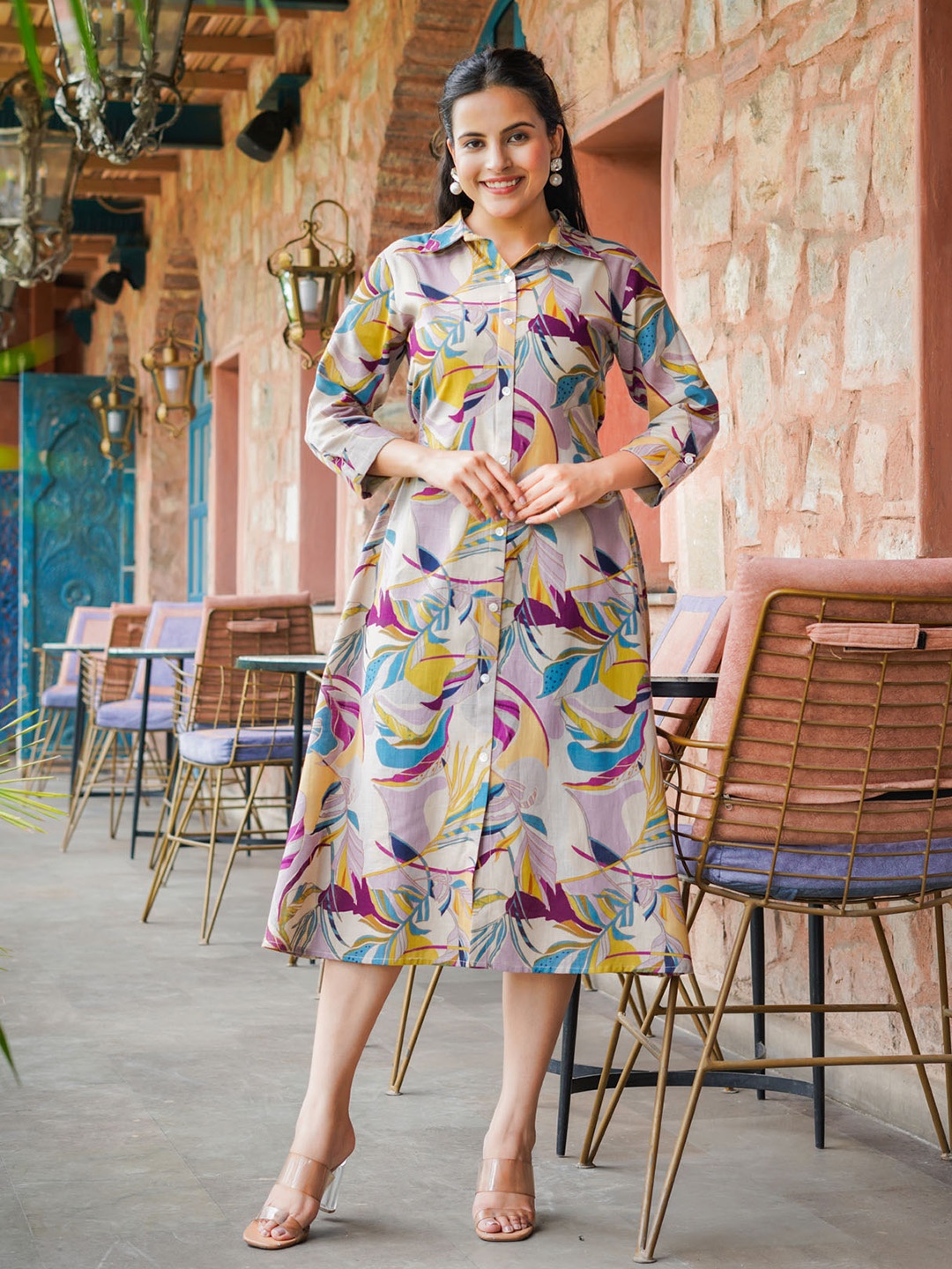 

FASHION DWAR Floral Printed Roll-Up Sleeves Pure Cotton Shirt Style Midi Dress, Grey