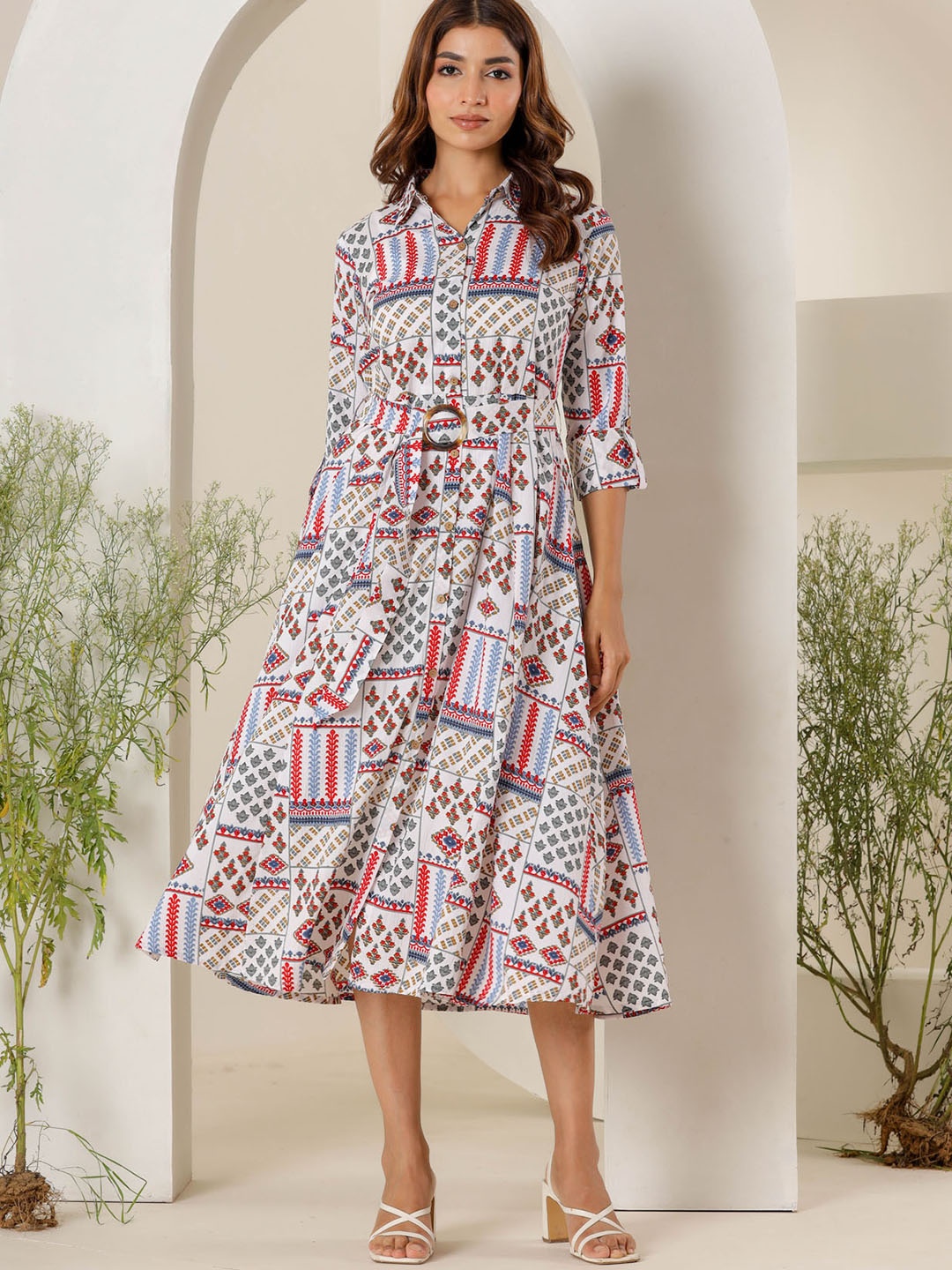 

FASHION DWAR Ethnic Motifs Printed Roll-Up Sleeves Belted Pure Cotton Shirt Style Dress, White