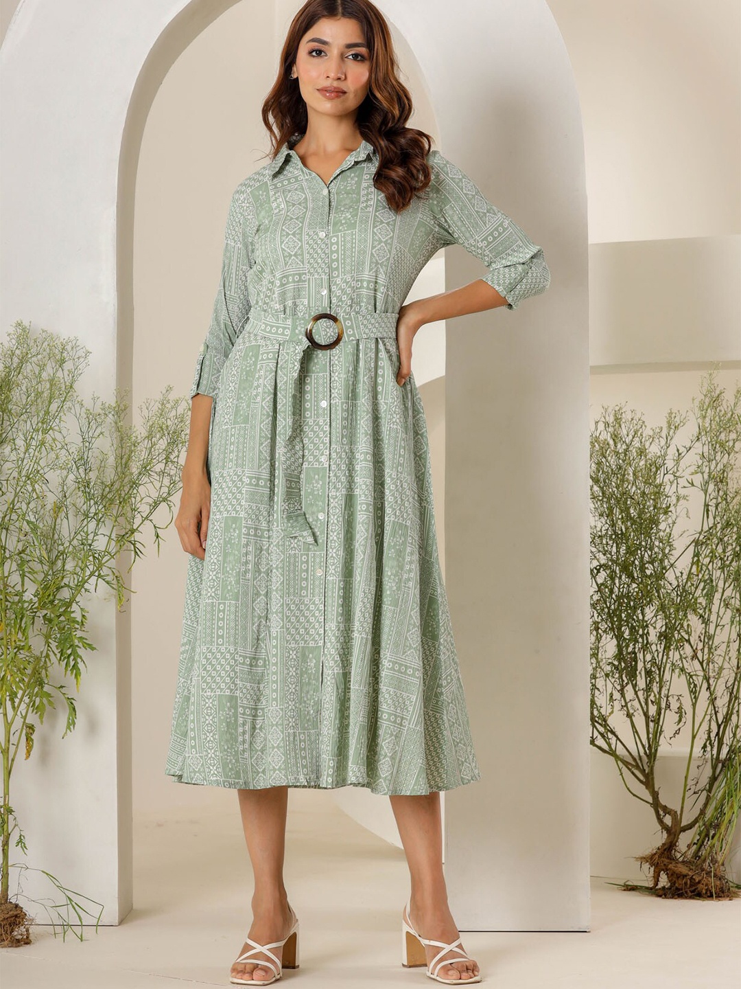 

FASHION DWAR Ethnic Motifs Printed Shirt Collar Pure Cotton Shirt Midi Dress With Belt, Green