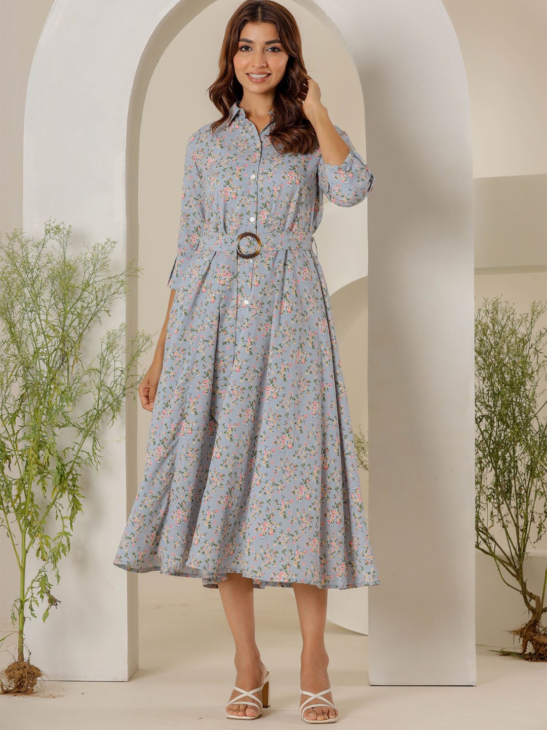 

FASHION DWAR Floral Printed Shirt Collar Pure Cotton Shirt Midi Dress With Belt, Grey