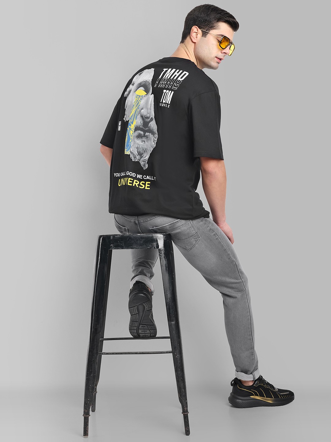 

TOMHIDDLE Graphic Printed Drop-Shoulder Sleeves Oversized Pure Cotton T-shirt, Black
