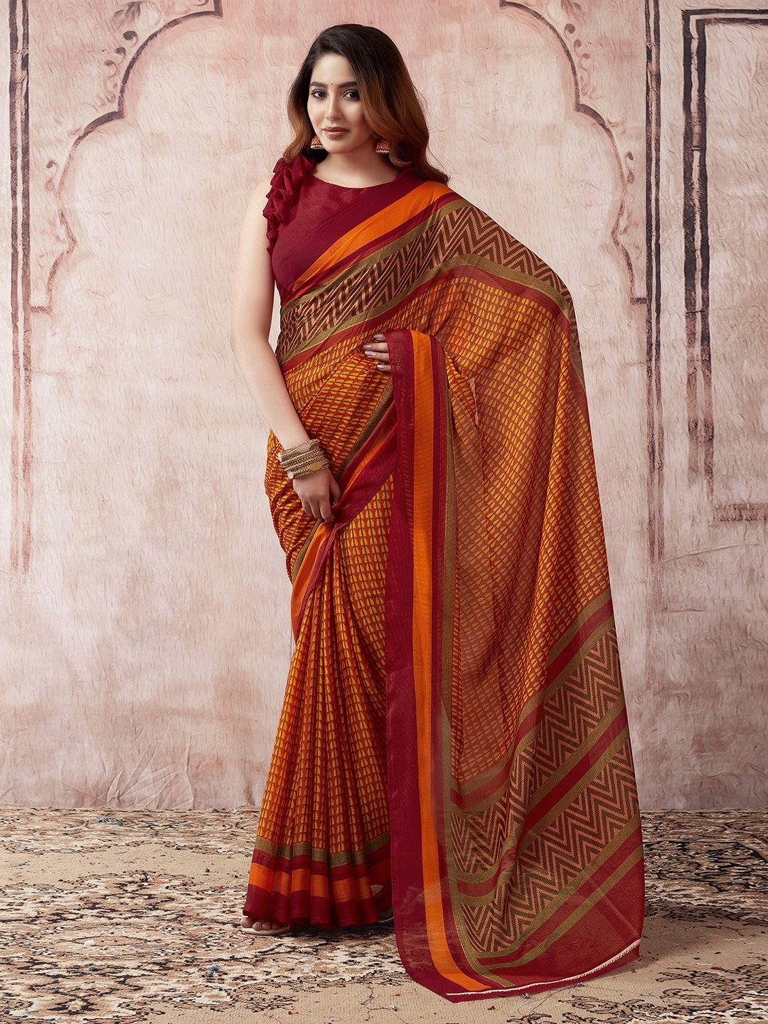 

KALINI Checked Poly Georgette Sungudi Saree, Maroon
