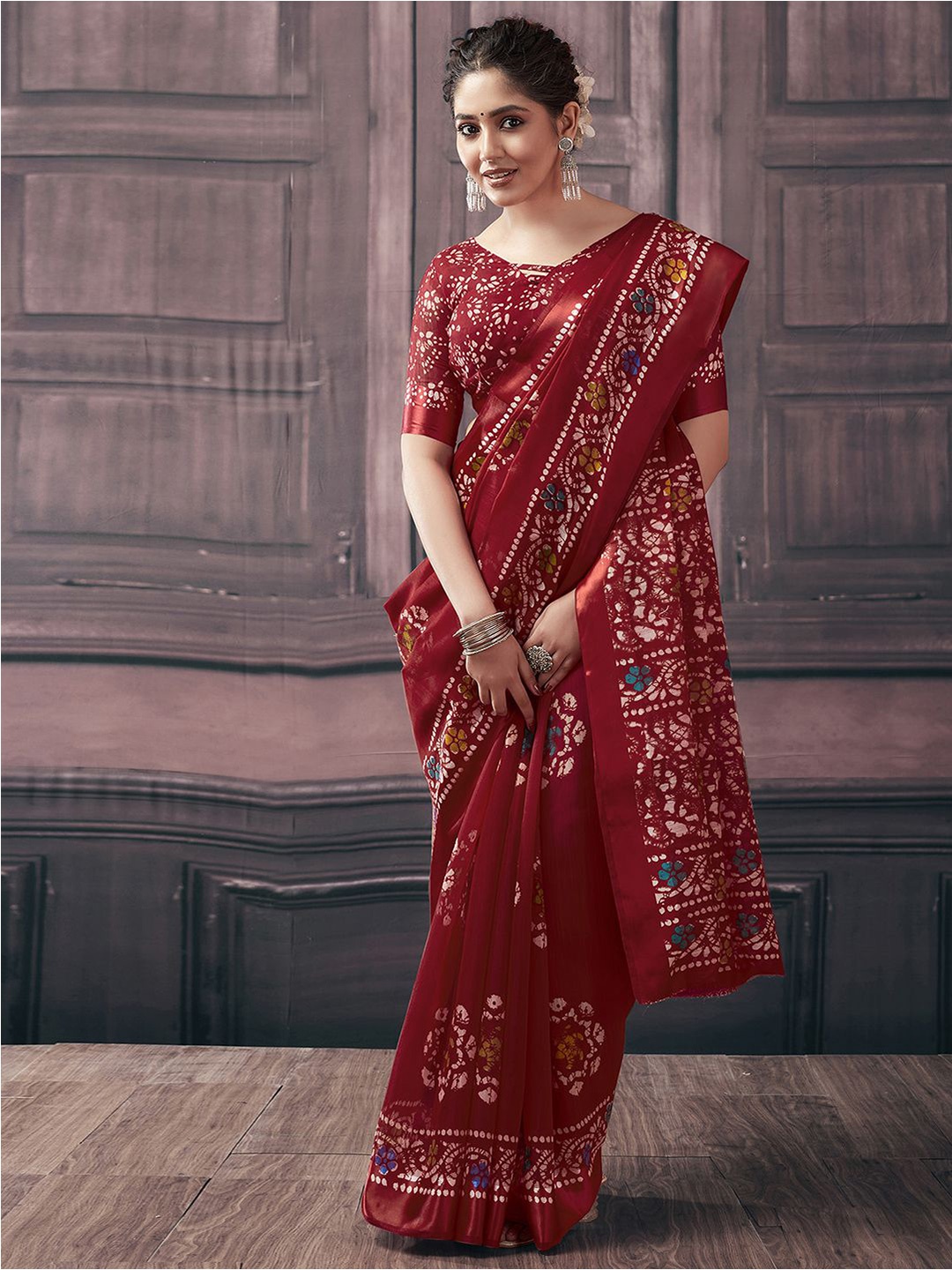 

KALINI Ethnic Motifs Printed Dabu Saree, Red