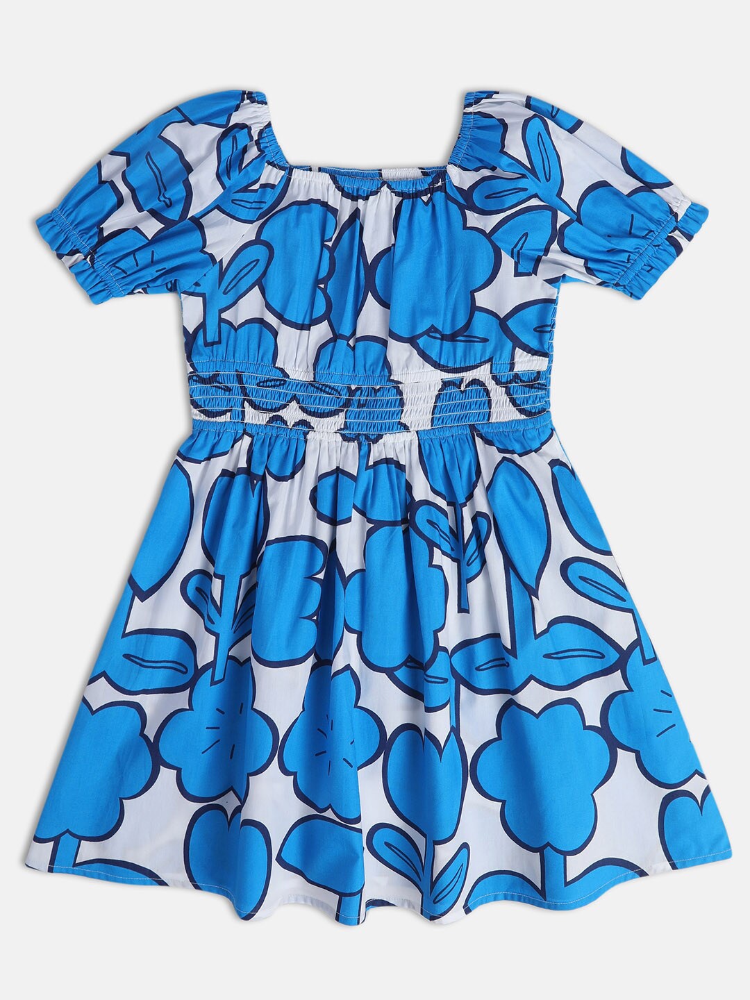 

MINI KLUB Girls Floral Printed Pure Cotton Fit & Flare Dress, Blue