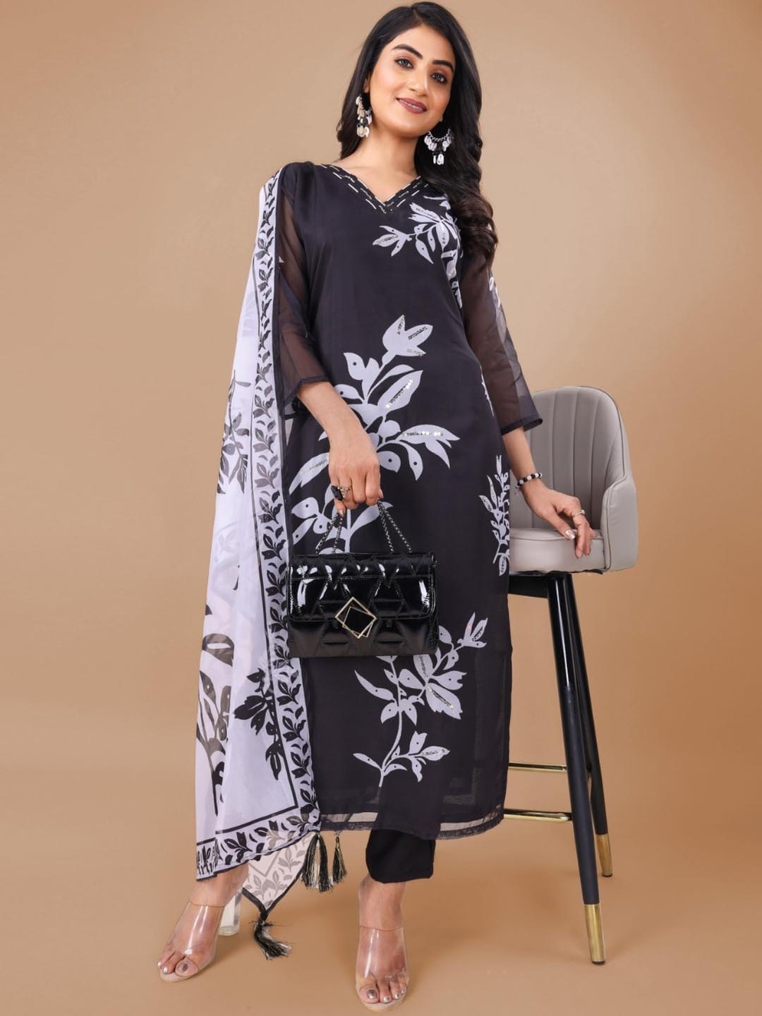 

KALINI Floral Printed Regular Sequinned Kurta with Trousers & Dupatta, Black