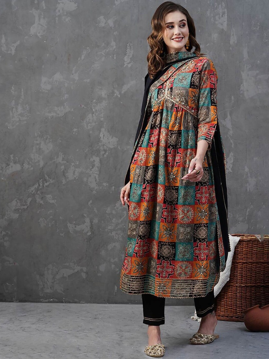 

KALINI Floral Printed Empire Thread Work Kurta with Trousers & Dupatta, Black