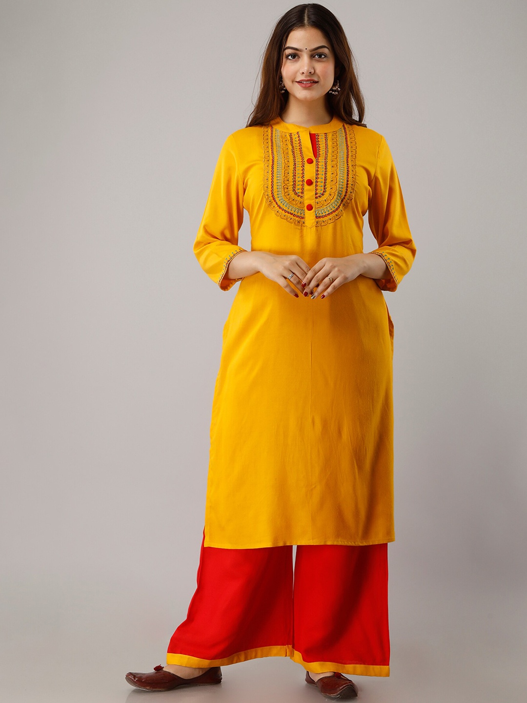 

FrionKandy Ethnic Motifs Yoke Design Thread Work Detailed Straight Kurta With Palazzo, Mustard