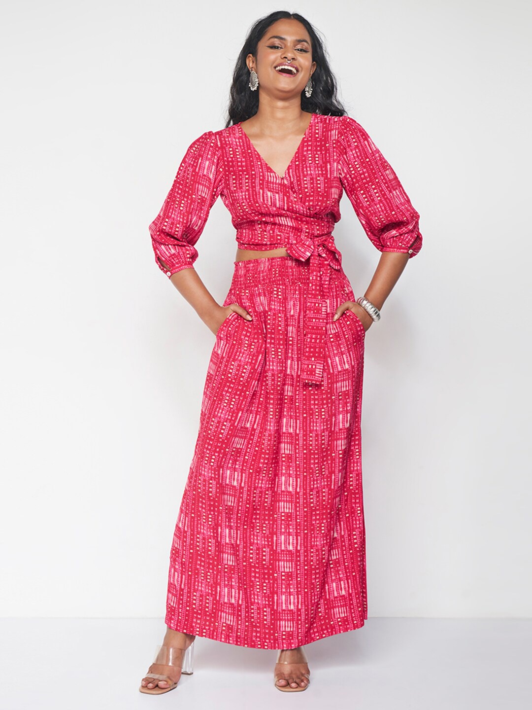 

Global Desi Geometric Printed Top With Maxi Skirt, Pink