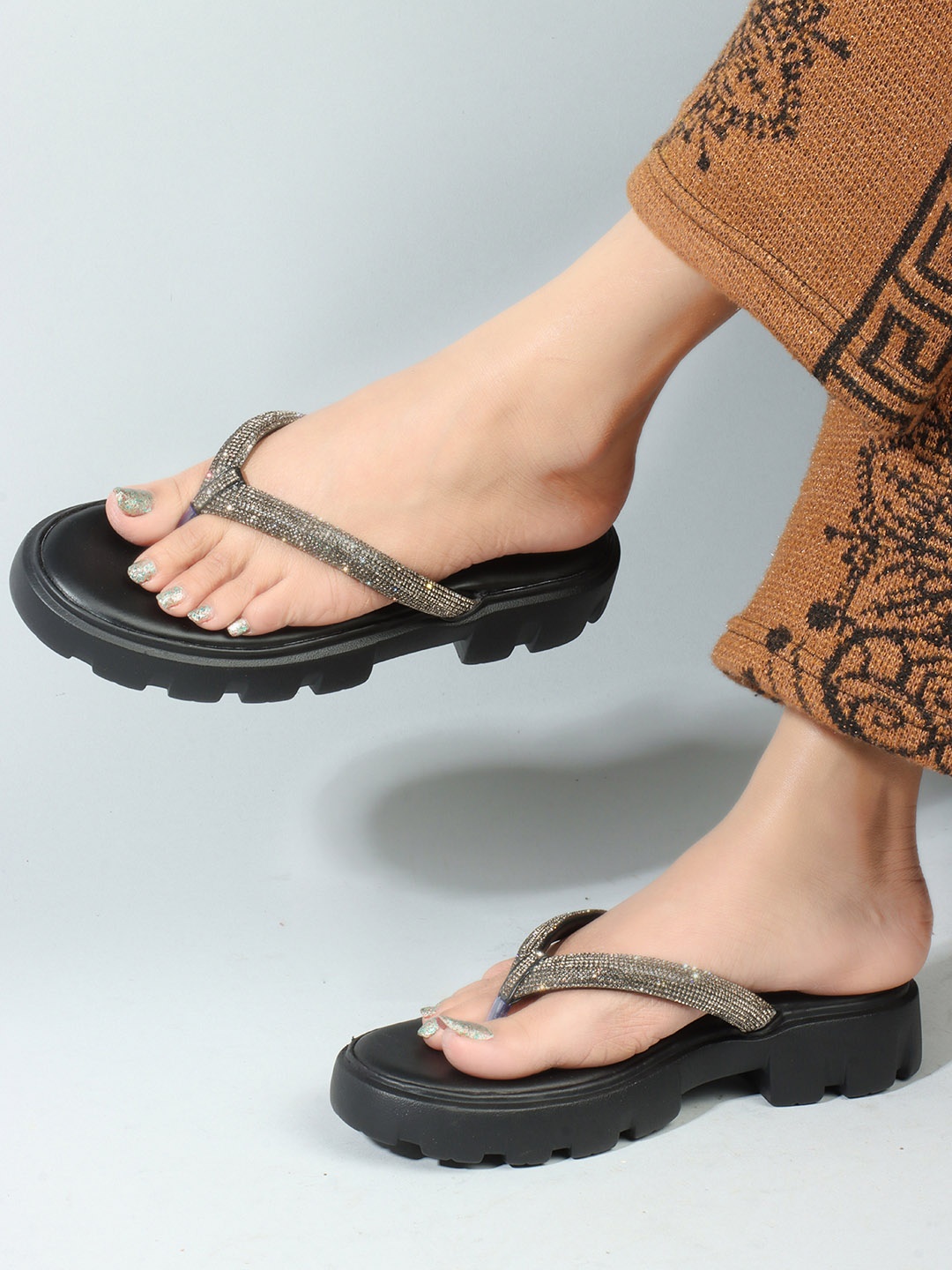 

ICONICS Embellished Open Toe Flatform Heels, Black