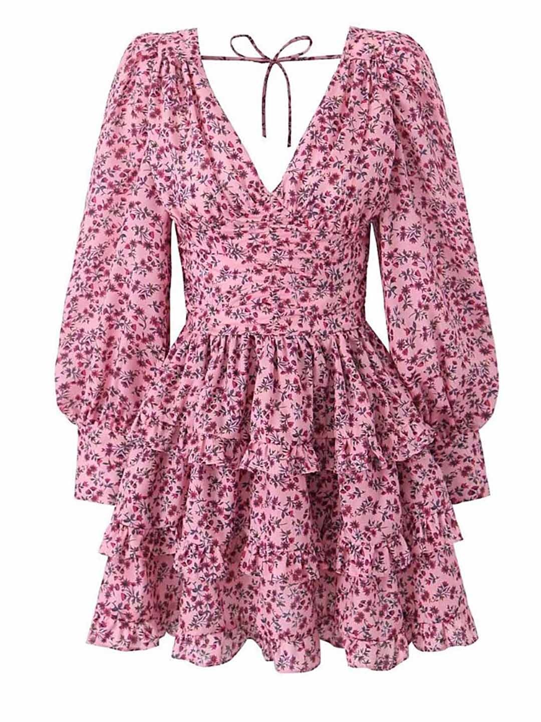 

LULU & SKY Floral Printed V-Neck Cuffed Sleeves Layered Detailed Fit & Flare Dress, Pink